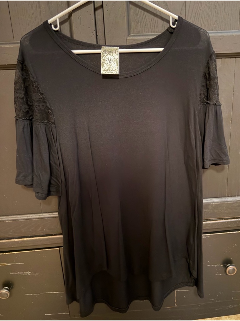 Vocal Black Short Sleeve Tee with Lace Shoulder Panels